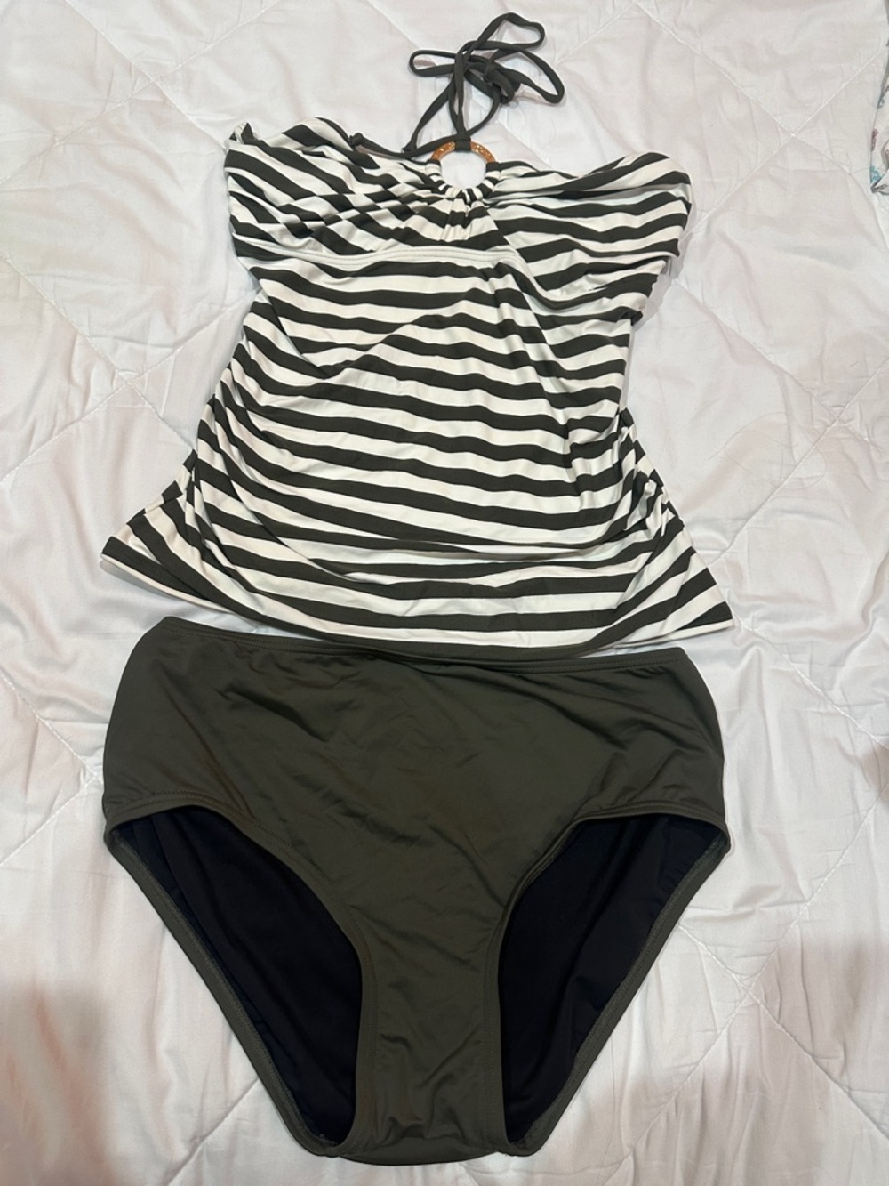 NWOT Michael Kors Black and White Striped Tankini with Olive Bottoms size M - Picture 5 of 9